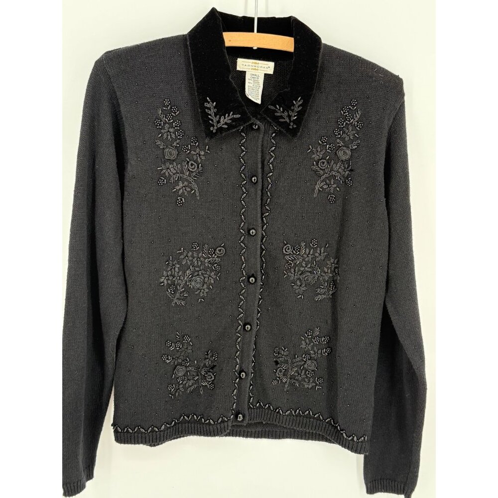 Vintage Yarnworks Embroidered Knit Cardigan Black S Ramie/Cotton Blend Womens Bu